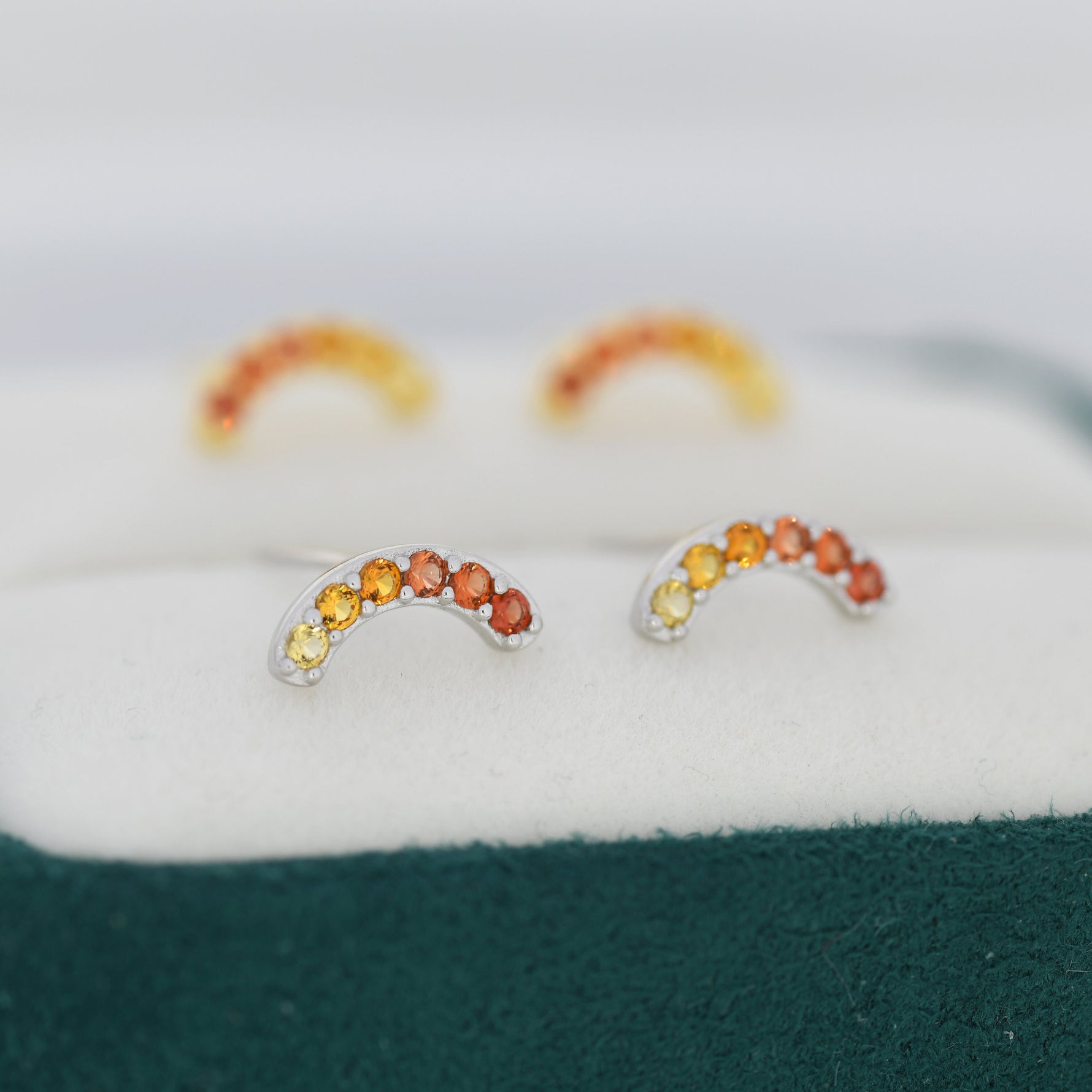 Ombre Red CZ Arch Rainbow Stud Earrings in Sterling Silver, Silver or Gold, Gradient Colour Red Pink Rainbow Earrings, Stacking Earrings