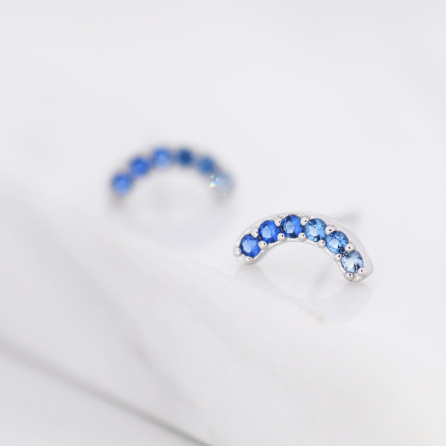 Sapphire Blue Ombre CZ Arch Rainbow Stud Earrings in Sterling Silver, Silver or Gold, Gradient Colour Blue CZ Earrings, Stacking Earrings