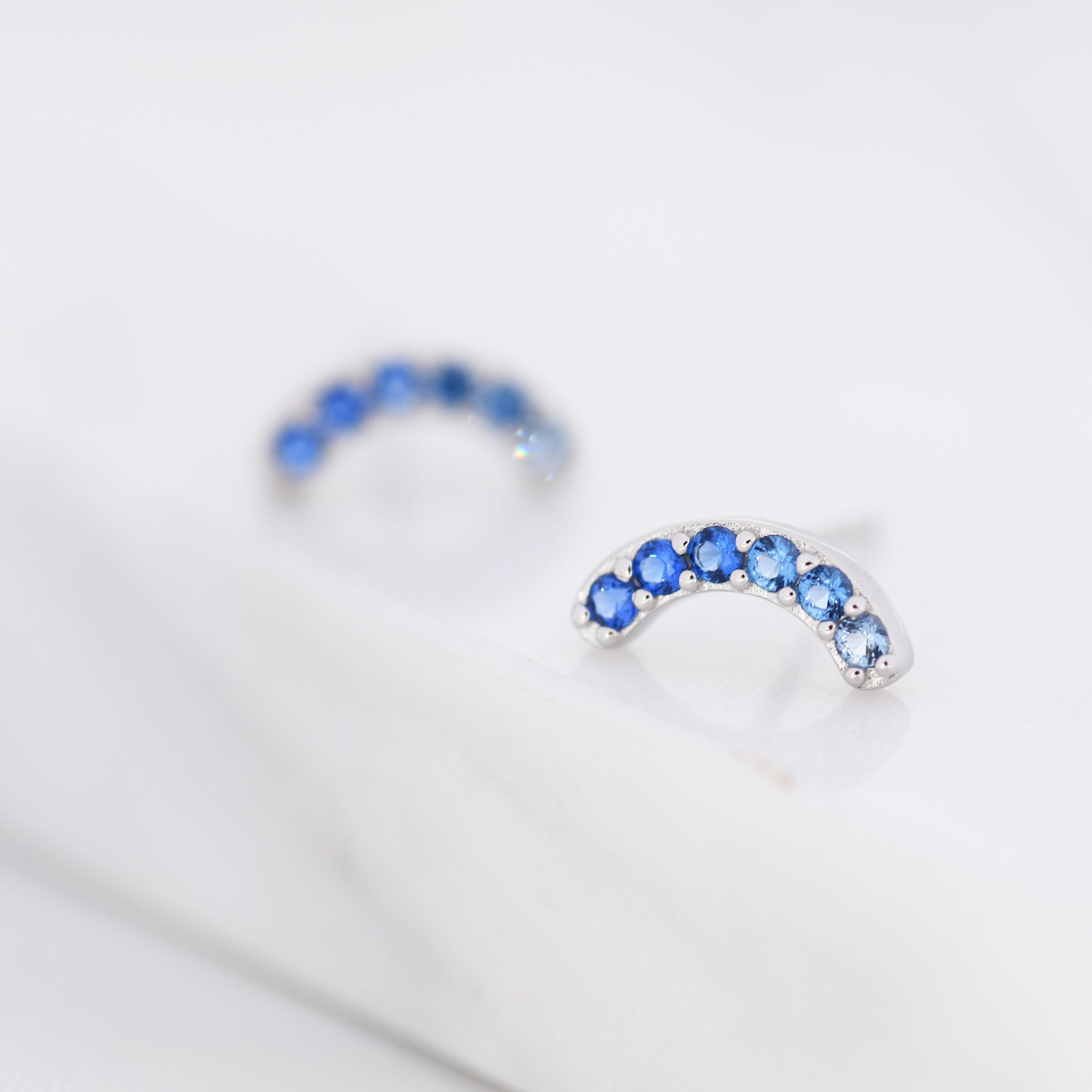 Sapphire Blue Ombre CZ Arch Rainbow Stud Earrings in Sterling Silver, Silver or Gold, Gradient Colour Blue CZ Earrings, Stacking Earrings