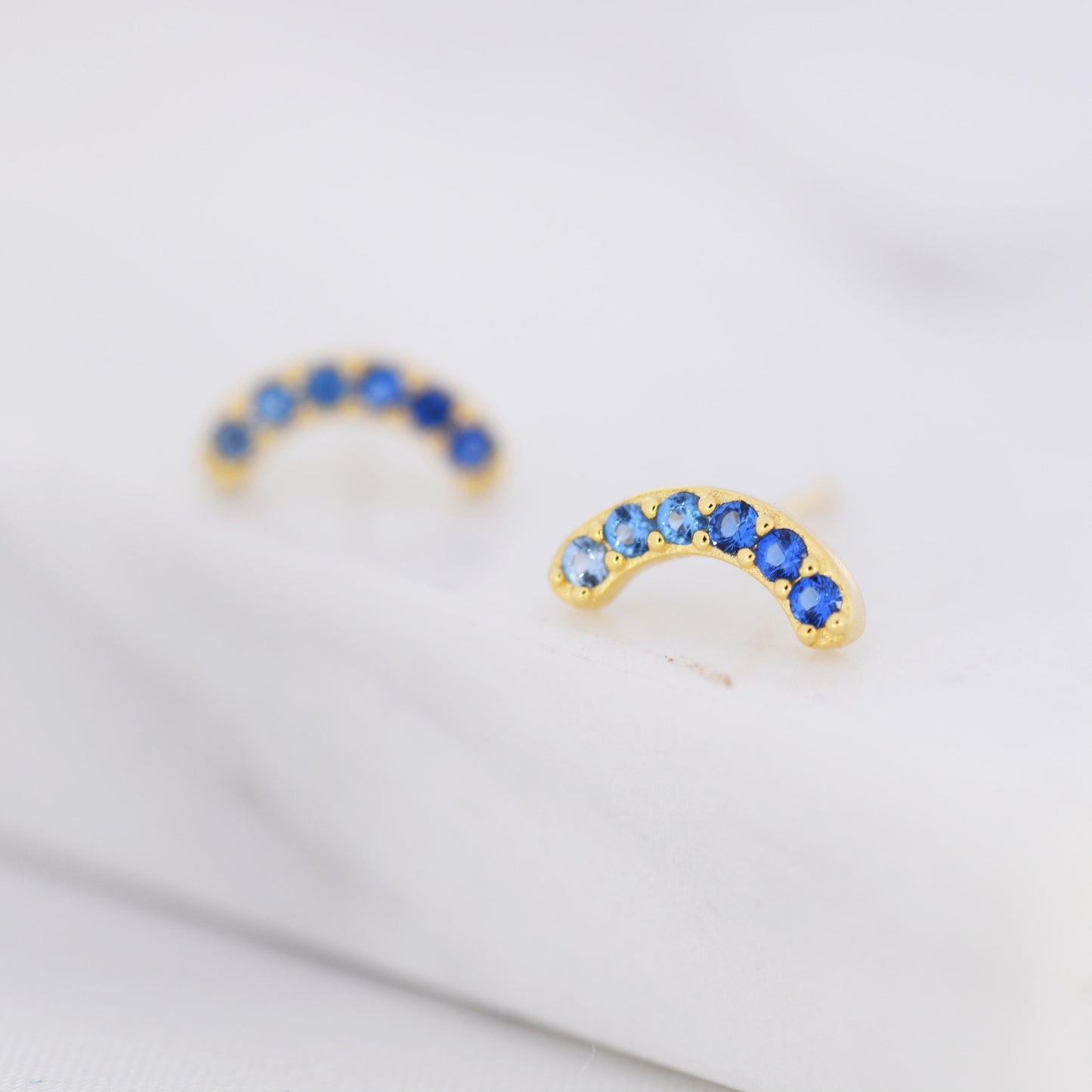 Sapphire Blue Ombre CZ Arch Rainbow Stud Earrings in Sterling Silver, Silver or Gold, Gradient Colour Blue CZ Earrings, Stacking Earrings