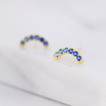 Sapphire Blue Ombre CZ Arch Rainbow Stud Earrings in Sterling Silver, Silver or Gold, Gradient Colour Blue CZ Earrings, Stacking Earrings