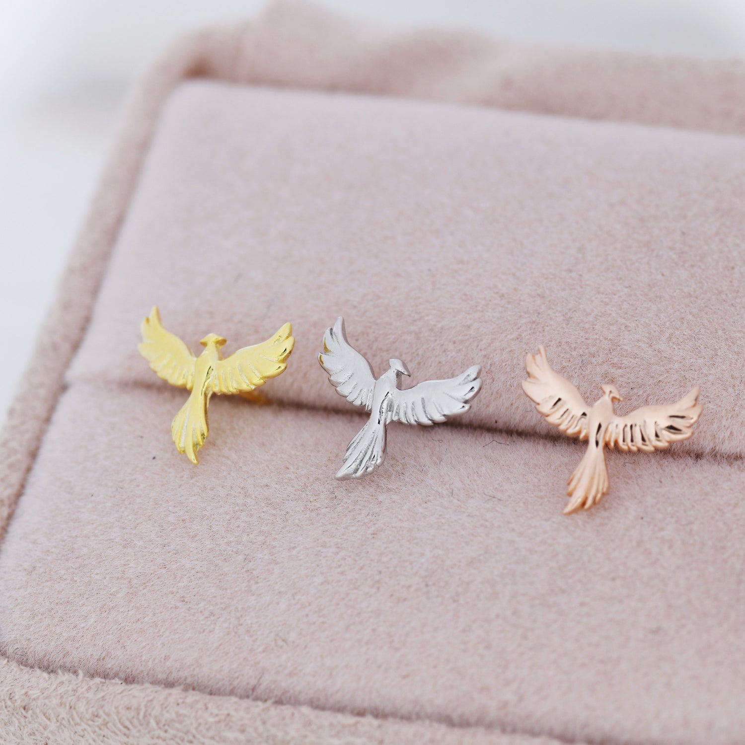 Sterling Silver Phoenix Bird Stud Earrings,  Silver, Gold or Rose Gold,  Dainty Phoenix Earrings