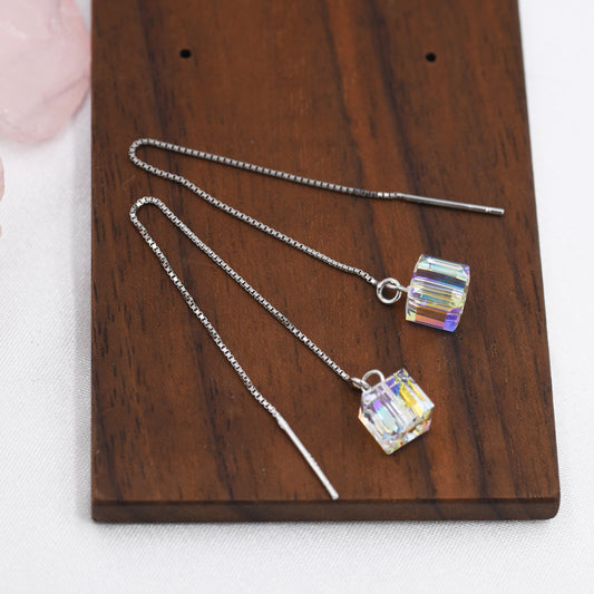 Aurora CZ Cube Threader Earrings, AB Crystal Cube Ear Threaders, Delicate Threader Earrings