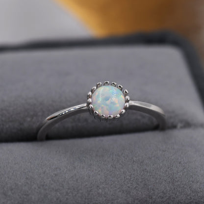 Sterling Silver Opal Ring with Dotted Bezel - Minimalist Design  - Single Opal Ring US 6 - 8