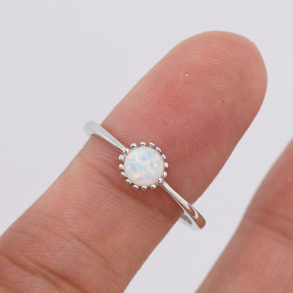 Sterling Silver Opal Ring with Dotted Bezel - Minimalist Design  - Single Opal Ring US 6 - 8