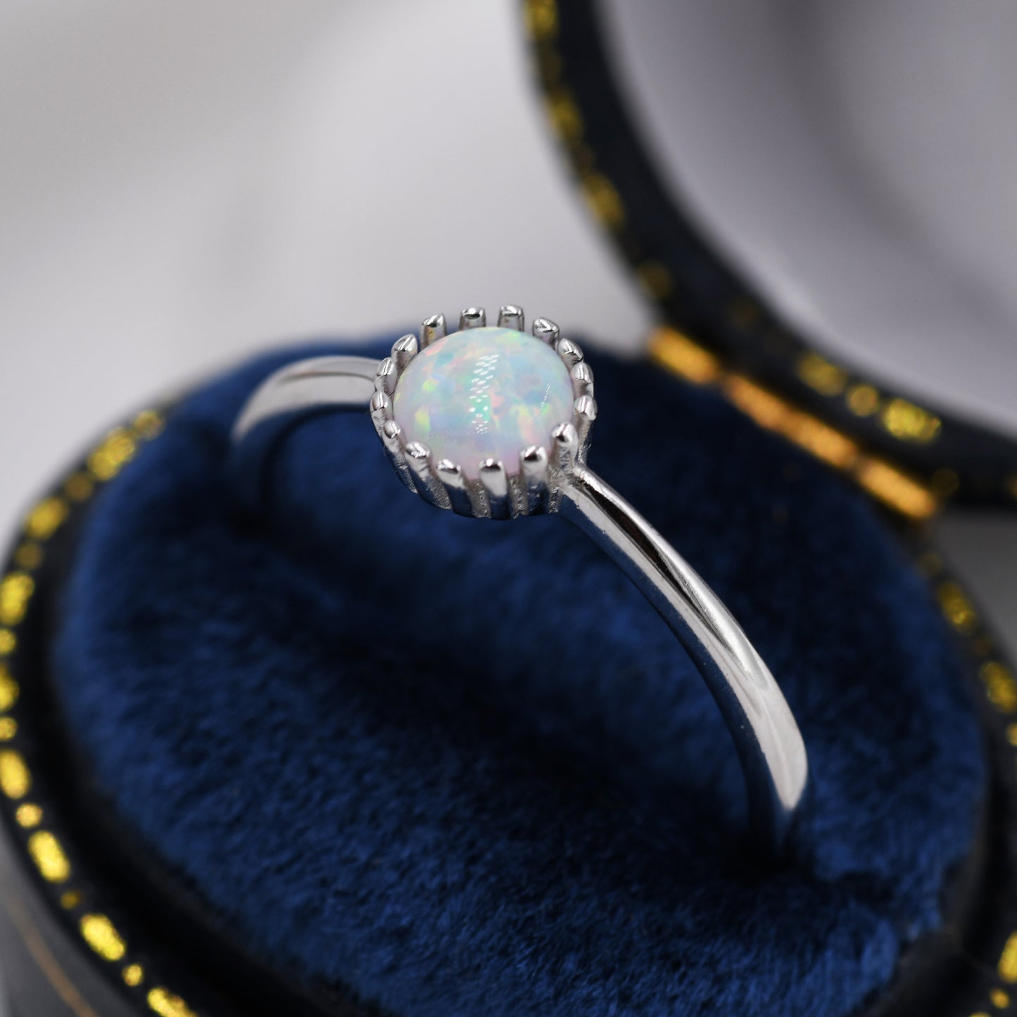 Sterling Silver Opal Ring with Dotted Bezel - Minimalist Design  - Single Opal Ring US 6 - 8