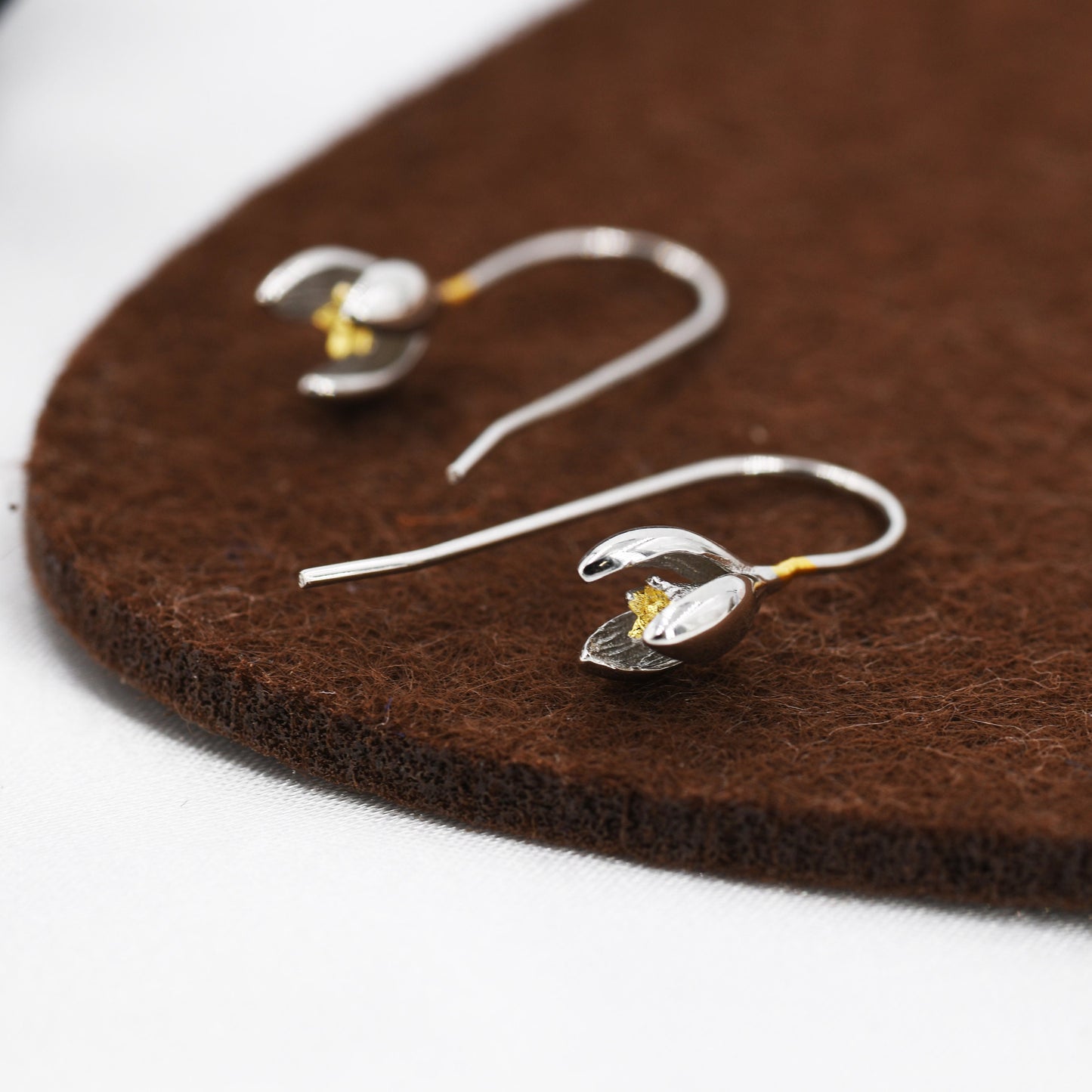 Snowdrop Flower Drop Earrings in Sterling Silver, Silver and Gold, Nature Inspired Flower Earrings, January Birth Flower, Botanical