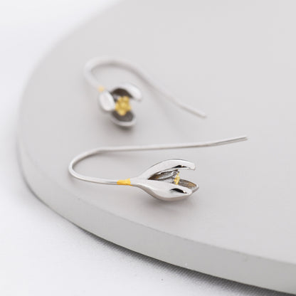 Snowdrop Flower Drop Earrings in Sterling Silver, Silver and Gold, Nature Inspired Flower Earrings, January Birth Flower, Botanical