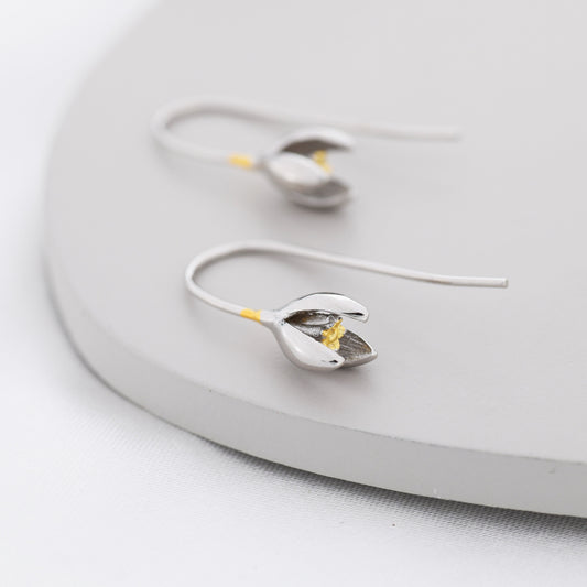 Snowdrop Flower Drop Earrings in Sterling Silver, Silver and Gold, Nature Inspired Flower Earrings, January Birth Flower, Botanical