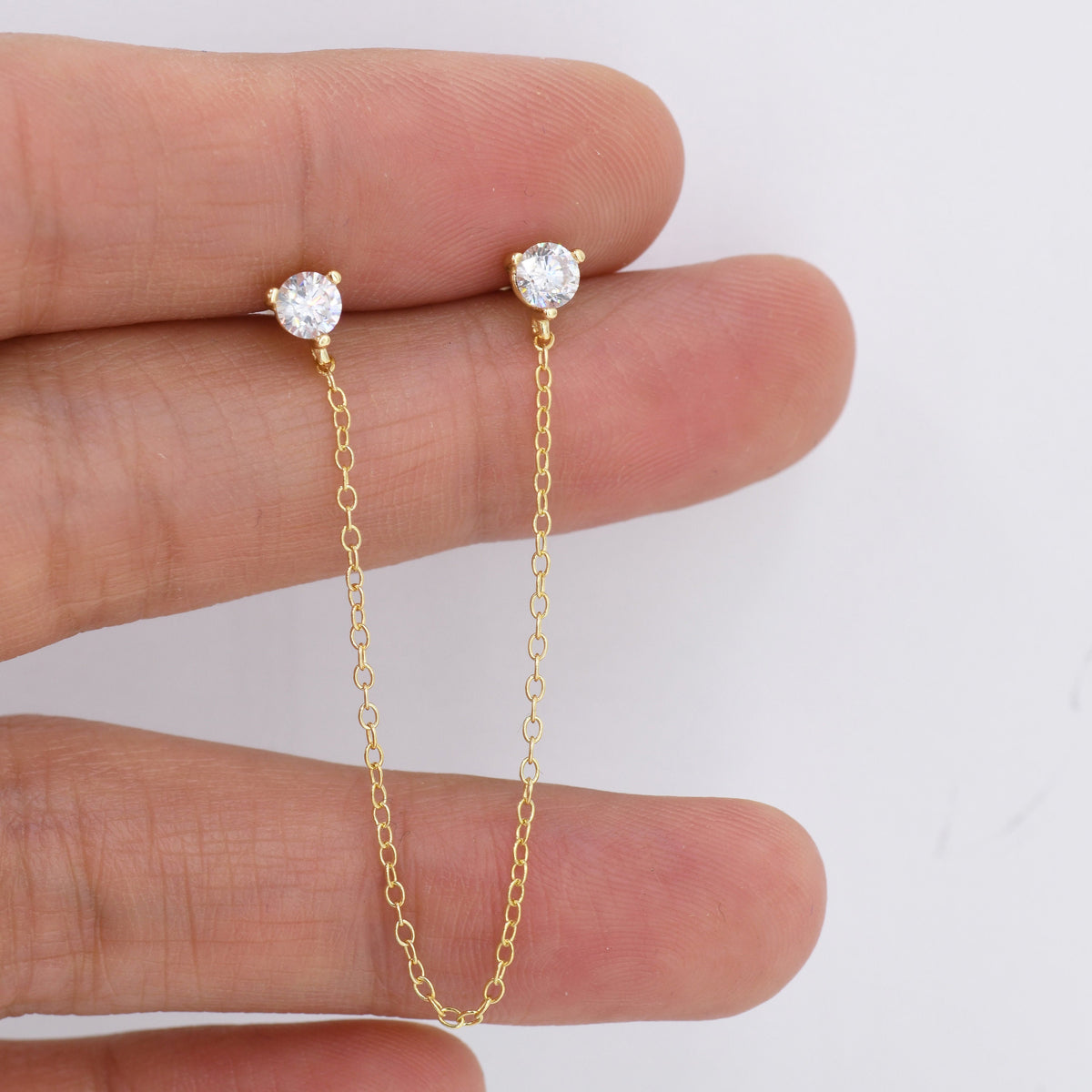 Sterling Silver Chained Earrings for Multiple Piercings, Gold, Double CZ Chained Earrings, Stacking Earrings