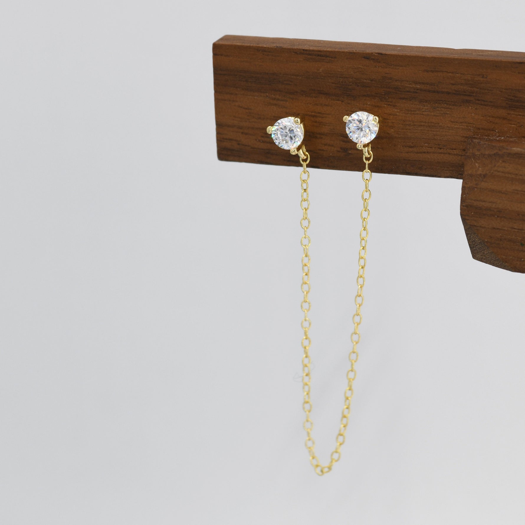 Sterling Silver Chained Earrings for Multiple Piercings, Gold, Double CZ Chained Earrings, Stacking Earrings