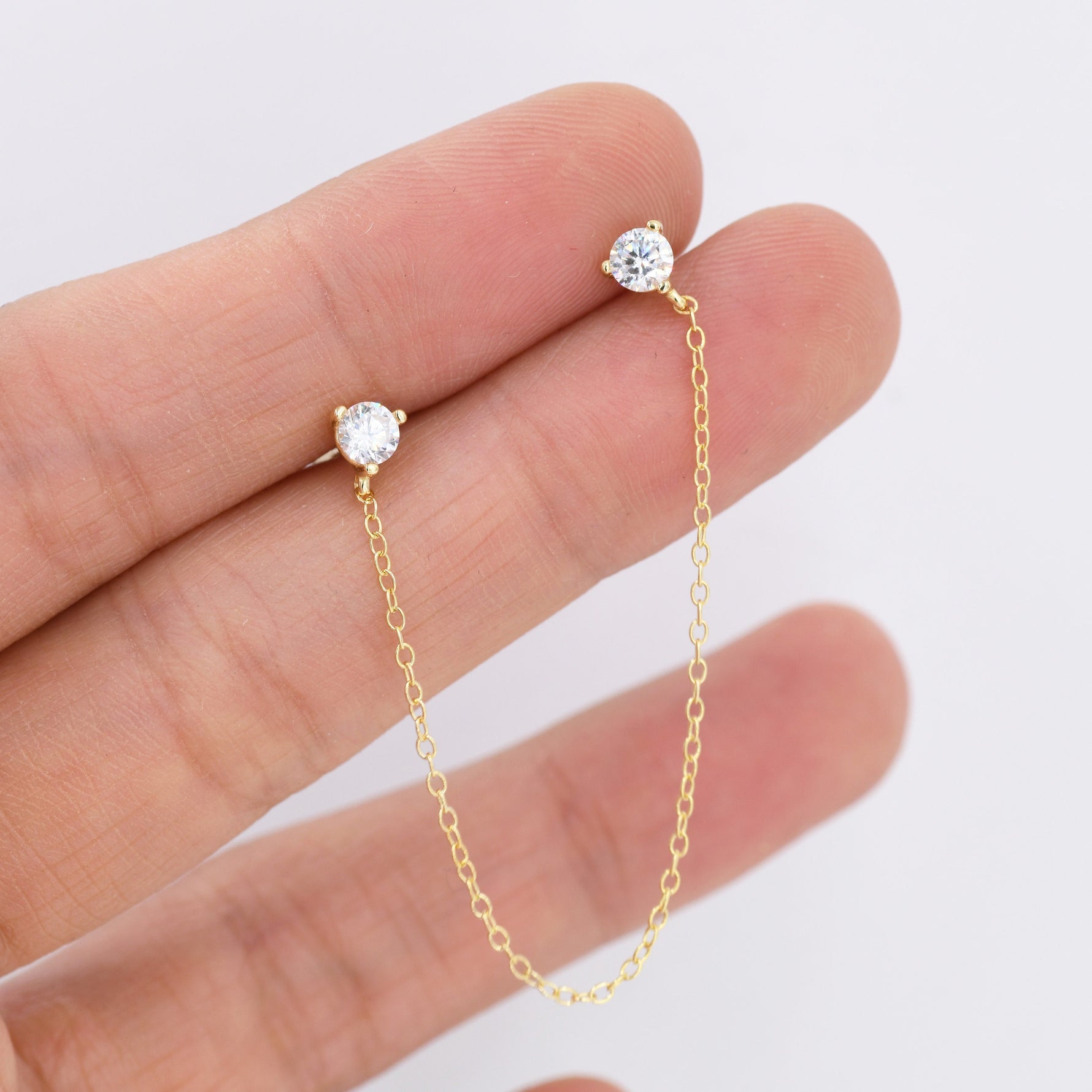 Sterling Silver Chained Earrings for Multiple Piercings, Gold, Double CZ Chained Earrings, Stacking Earrings