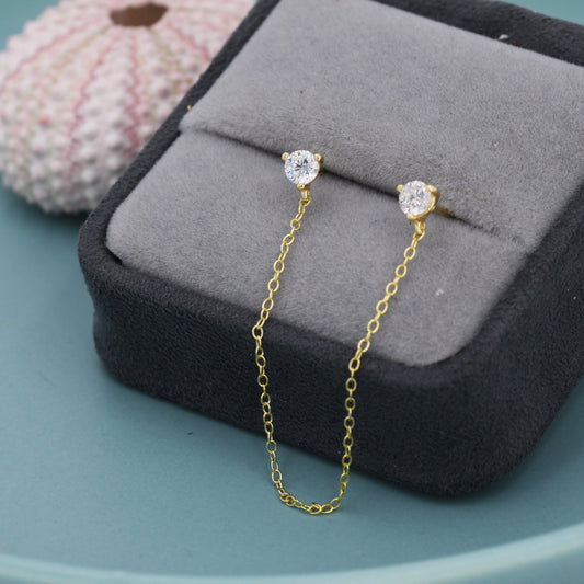 Sterling Silver Chained Earrings for Multiple Piercings, Gold, Double CZ Chained Earrings, Stacking Earrings