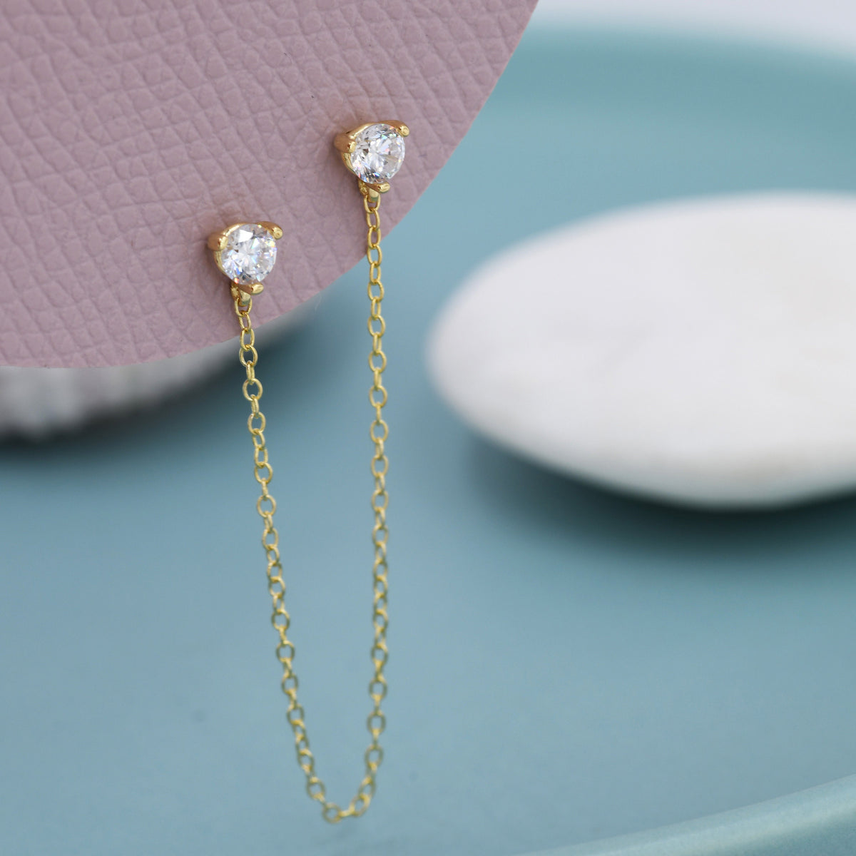 Sterling Silver Chained Earrings for Multiple Piercings, Gold, Double CZ Chained Earrings, Stacking Earrings