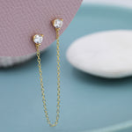Sterling Silver Chained Earrings for Multiple Piercings, Gold, Double CZ Chained Earrings, Stacking Earrings
