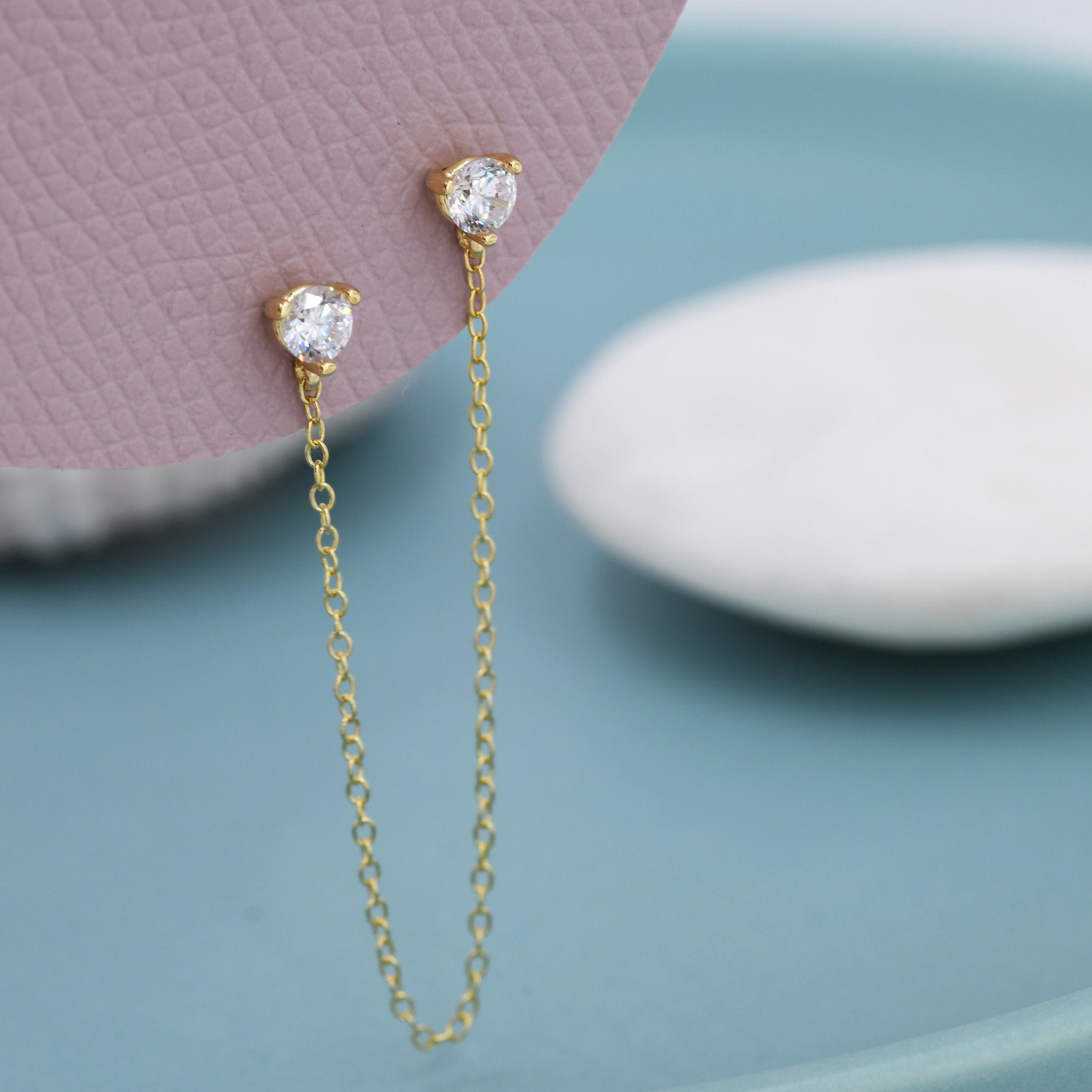 Sterling Silver Chained Earrings for Multiple Piercings, Gold, Double CZ Chained Earrings, Stacking Earrings