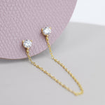 Sterling Silver Chained Earrings for Multiple Piercings, Gold, Double CZ Chained Earrings, Stacking Earrings