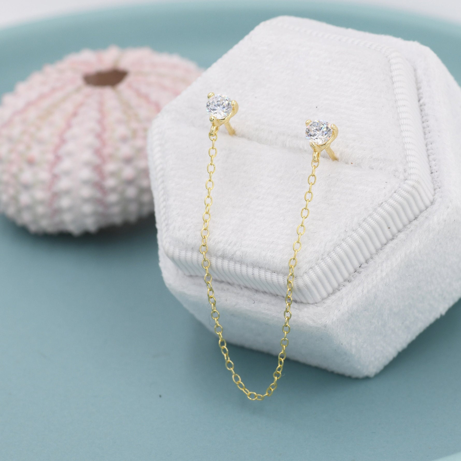 Sterling Silver Chained Earrings for Multiple Piercings, Gold, Double CZ Chained Earrings, Stacking Earrings