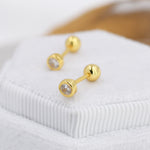 Small Pair of CZ Crystal Screw Back Earrings in Sterling Silver, Rose Gold, and Silver, ball Back Earrings - helix ,cartilage, conch, tragus