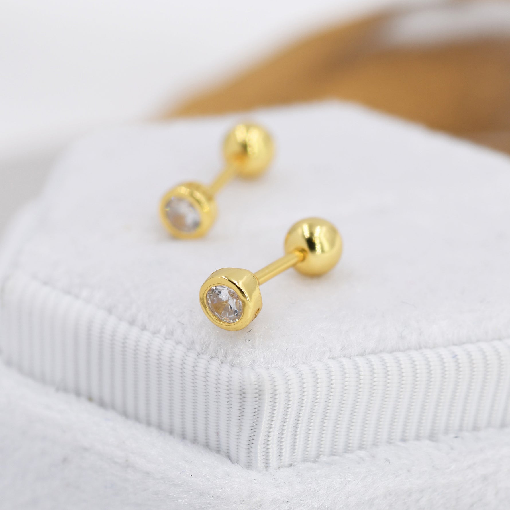 Small Pair of CZ Crystal Screw Back Earrings in Sterling Silver, Rose Gold, and Silver, ball Back Earrings - helix ,cartilage, conch, tragus