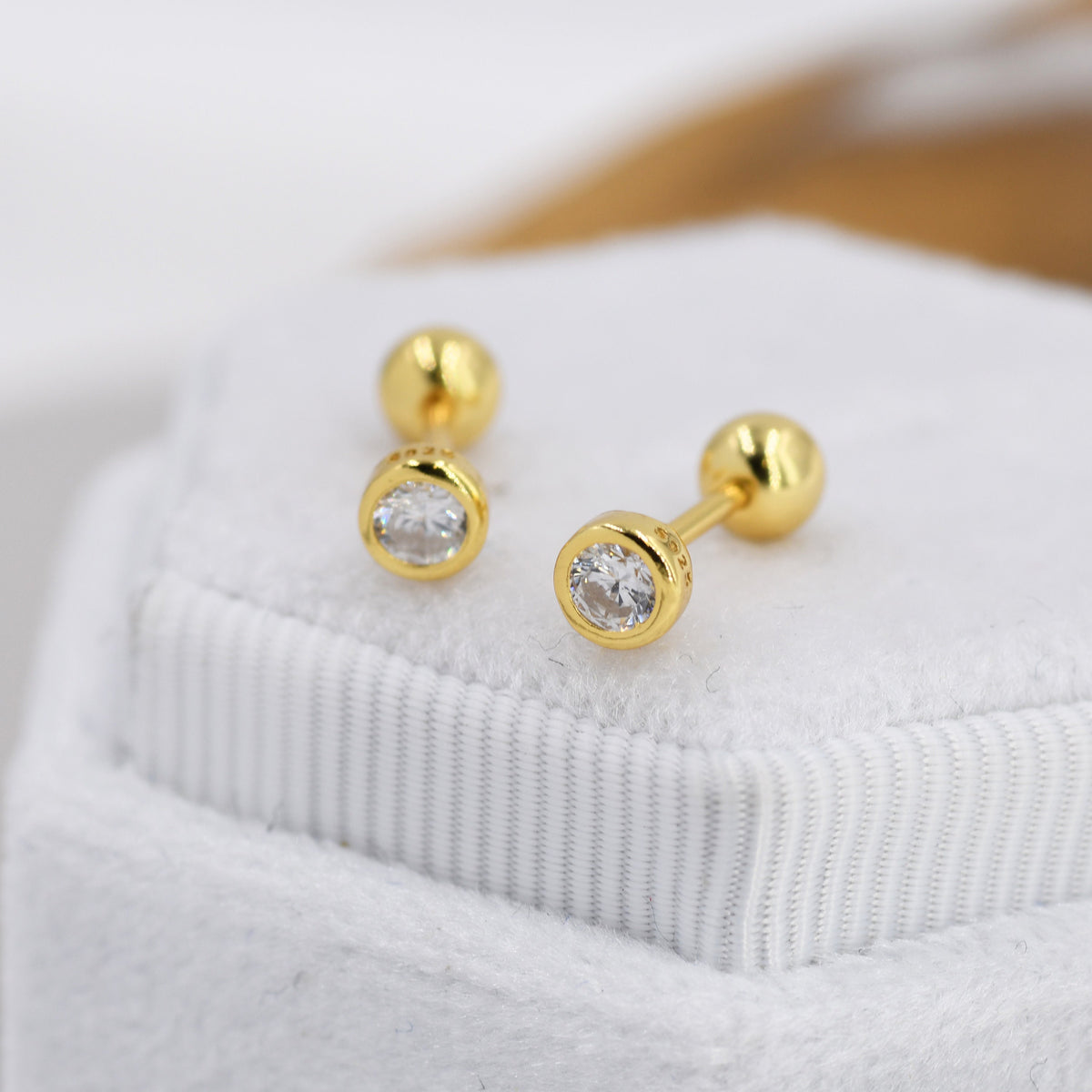 Small Pair of CZ Crystal Screw Back Earrings in Sterling Silver, Rose Gold, and Silver, ball Back Earrings - helix ,cartilage, conch, tragus