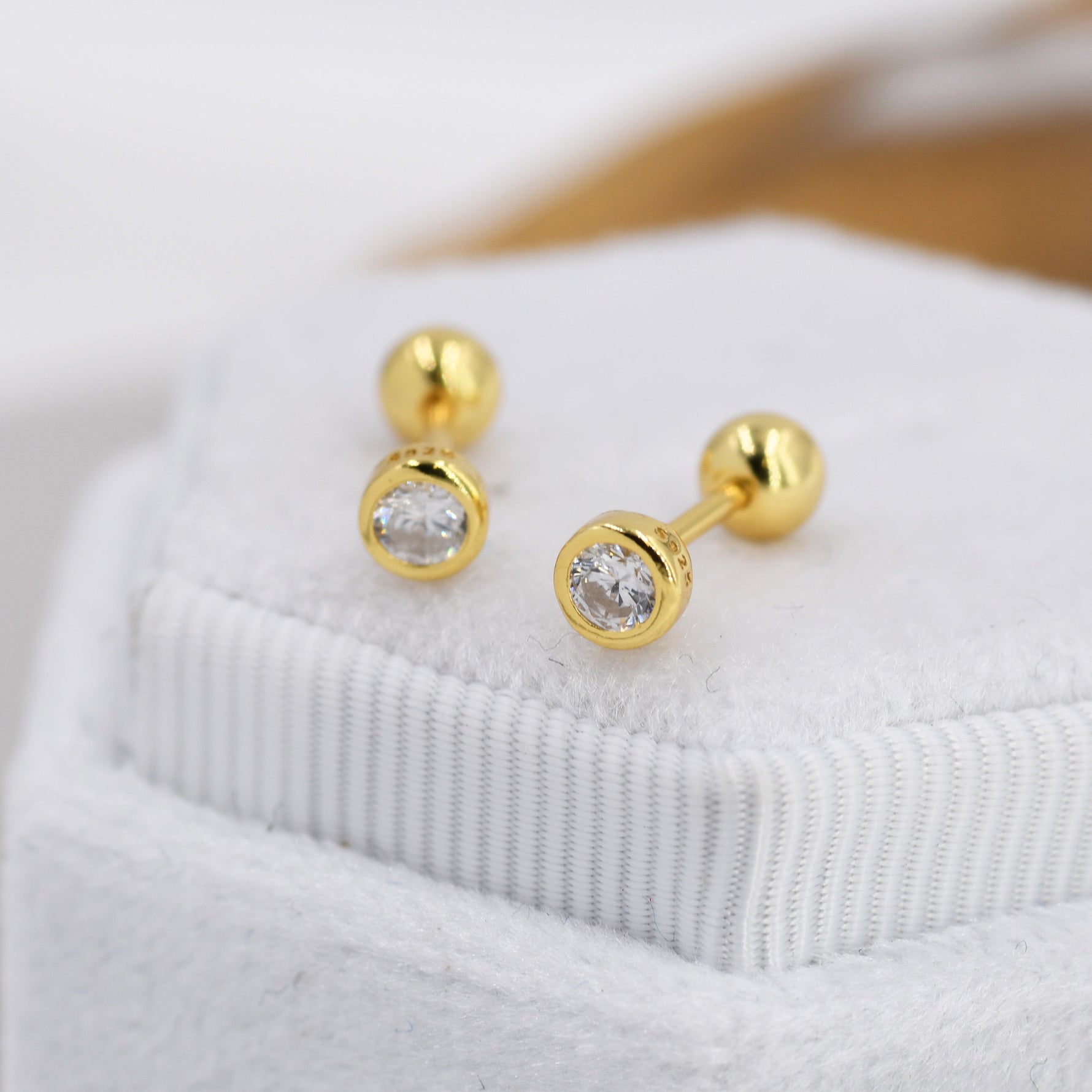 Small Pair of CZ Crystal Screw Back Earrings in Sterling Silver, Rose Gold, and Silver, ball Back Earrings - helix ,cartilage, conch, tragus