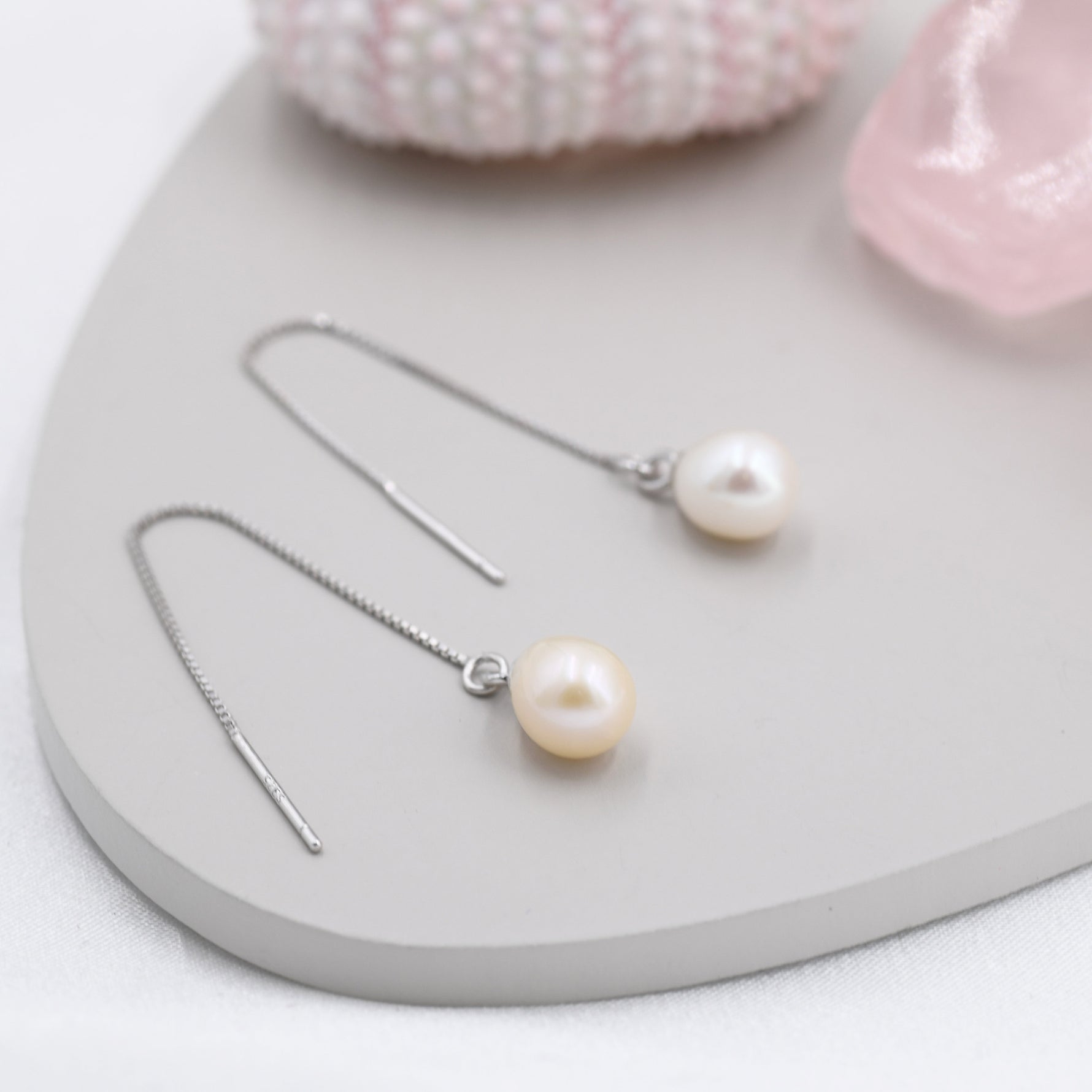 Genuine Fresh Water Pearl Threader Earrings in Sterling Silver, Natural Drop Pearl Ear Threaders