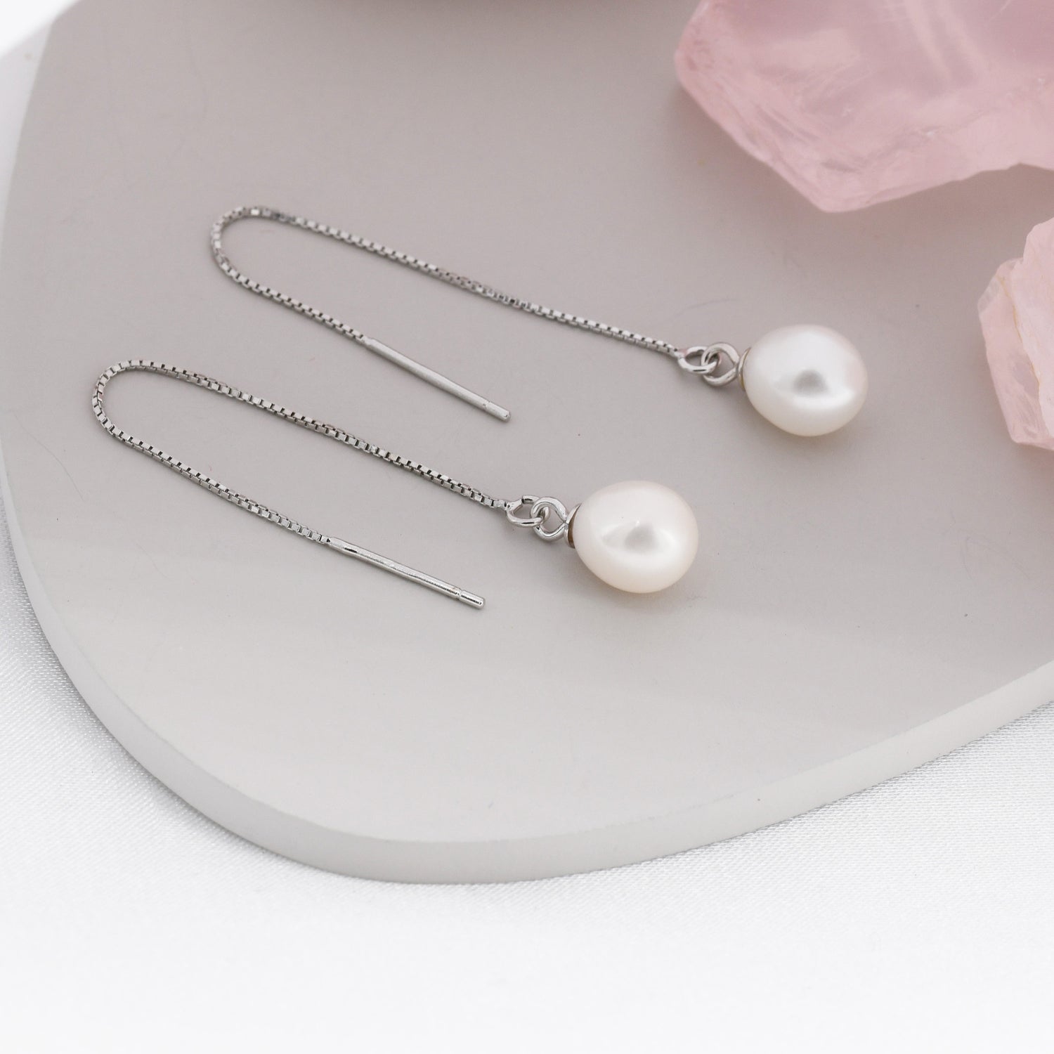 Genuine Fresh Water Pearl Threader Earrings in Sterling Silver, Natural Drop Pearl Ear Threaders