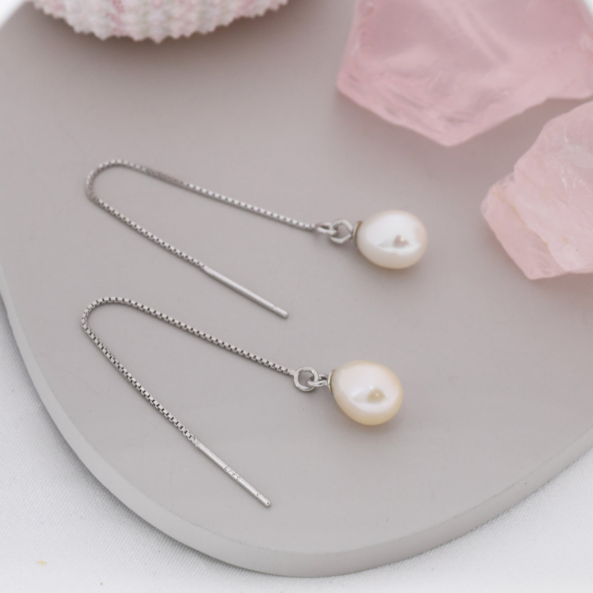 Genuine Fresh Water Pearl Threader Earrings in Sterling Silver, Natural Drop Pearl Ear Threaders
