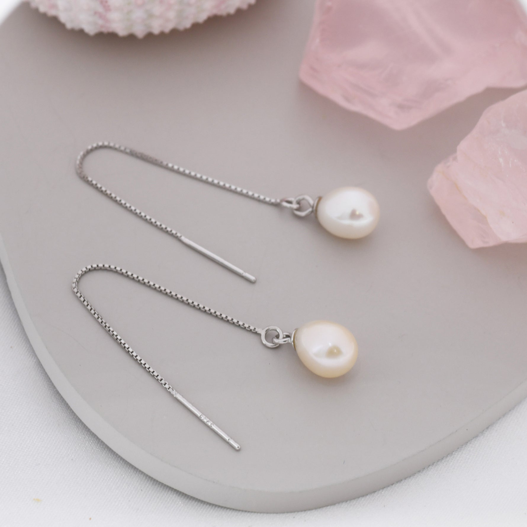 Genuine Fresh Water Pearl Threader Earrings in Sterling Silver, Natural Drop Pearl Ear Threaders