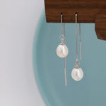 Genuine Fresh Water Pearl Threader Earrings in Sterling Silver, Natural Drop Pearl Ear Threaders