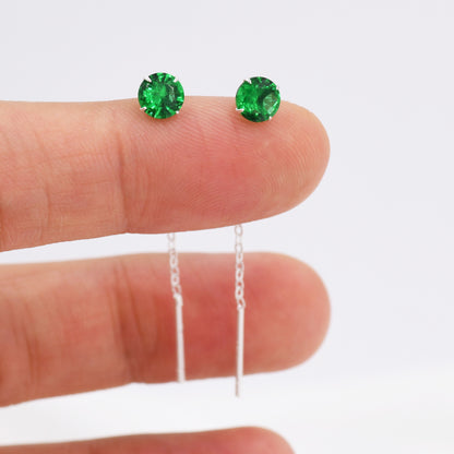 Emerald Green CZ Crystal Threader Earrings in Sterling Silver, Minimalist Crystal Ear Threaders, Threader Ear Jackets
