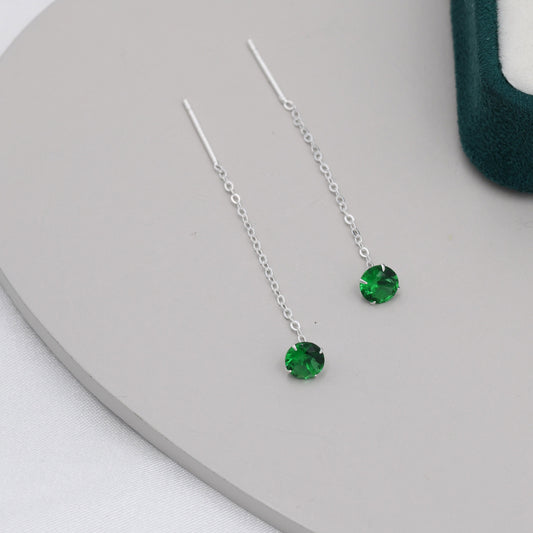 Emerald Green CZ Crystal Threader Earrings in Sterling Silver, Minimalist Crystal Ear Threaders, Threader Ear Jackets