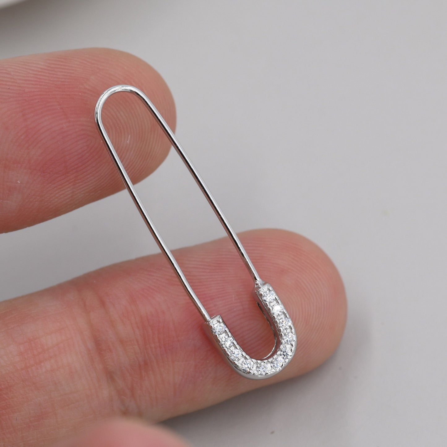 CZ Pave Safety Pin Hoop Earrings in Sterling Silver, Safety Pin Earrings, Silver or Gold