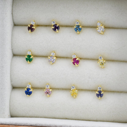 Sterling Silver Tiny Birthstone Stud Earrings, 3mm Birthstone CZ Earrings, Stacking Earrings, Crown Earrings