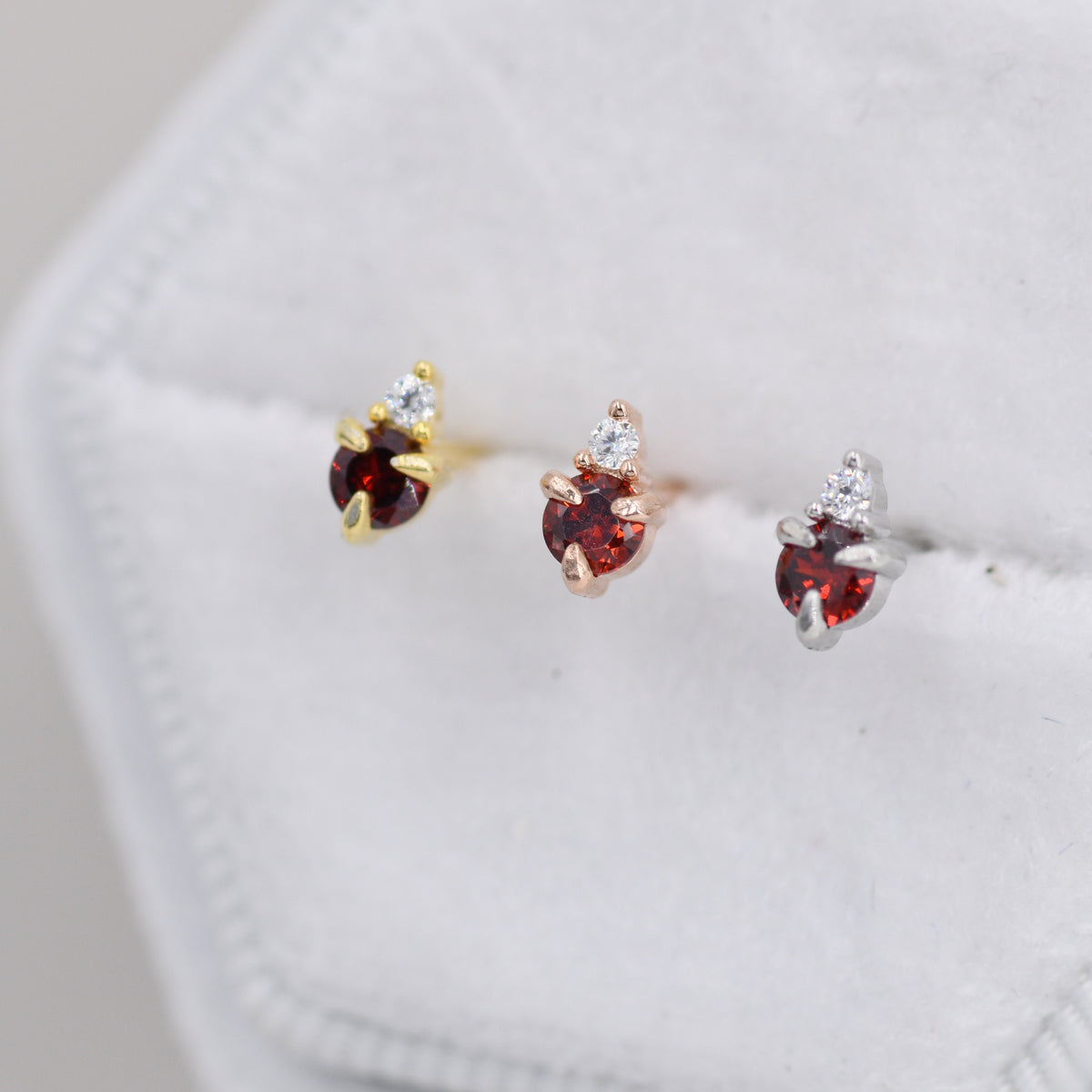 Sterling Silver Garnet Red Stud Earrings, 3mm January Birthstone CZ Earrings, Silver, Gold or Rose Gold, Stacking Earrings, Crown Earrings