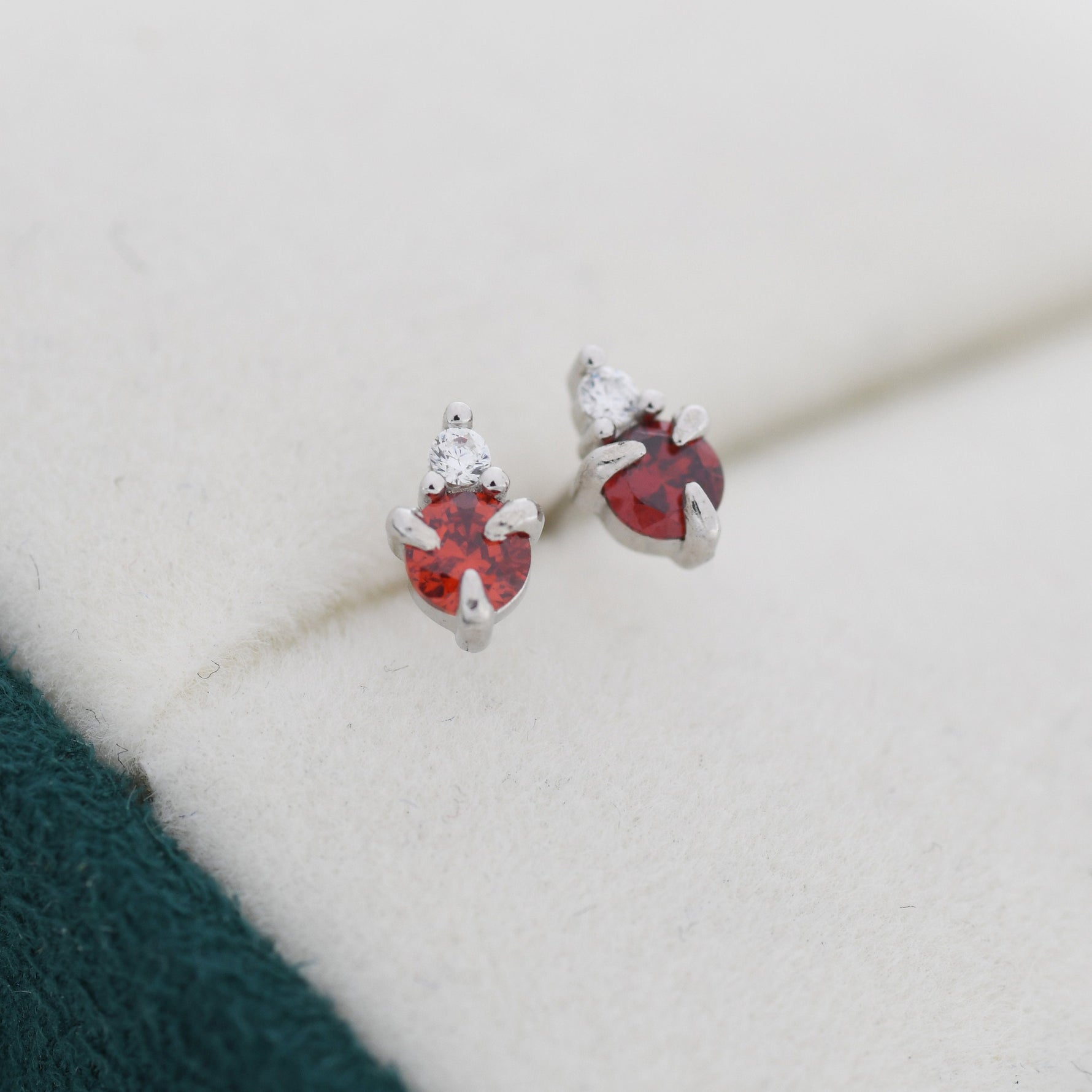 Sterling Silver Garnet Red Stud Earrings, 3mm January Birthstone CZ Earrings, Silver, Gold or Rose Gold, Stacking Earrings, Crown Earrings