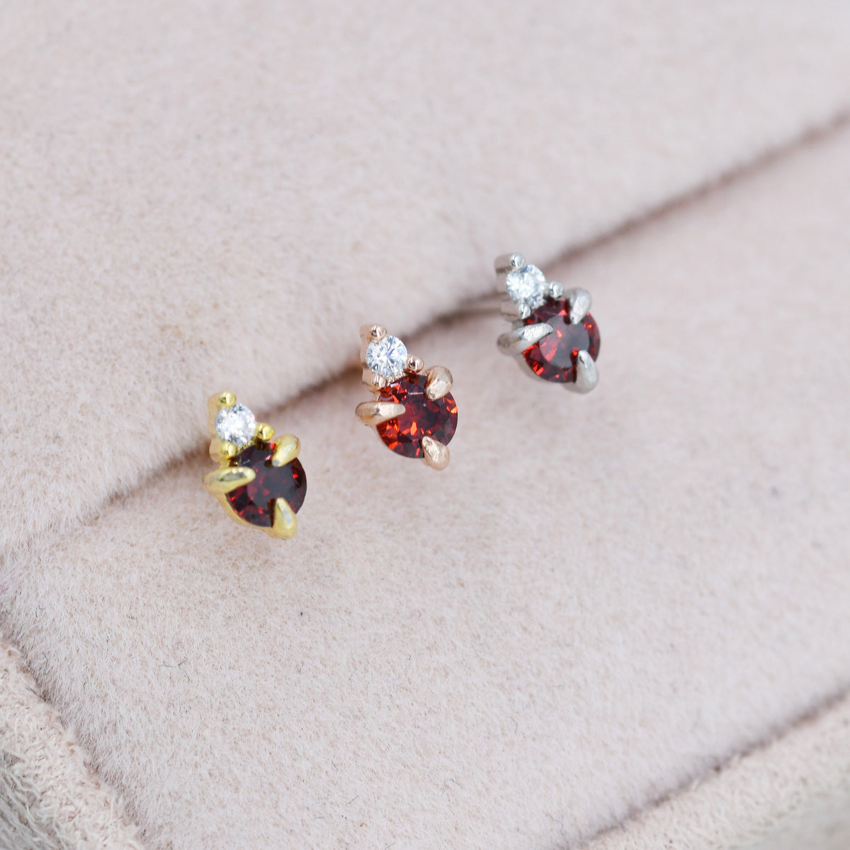 Sterling Silver Garnet Red Stud Earrings, 3mm January Birthstone CZ Earrings, Silver, Gold or Rose Gold, Stacking Earrings, Crown Earrings