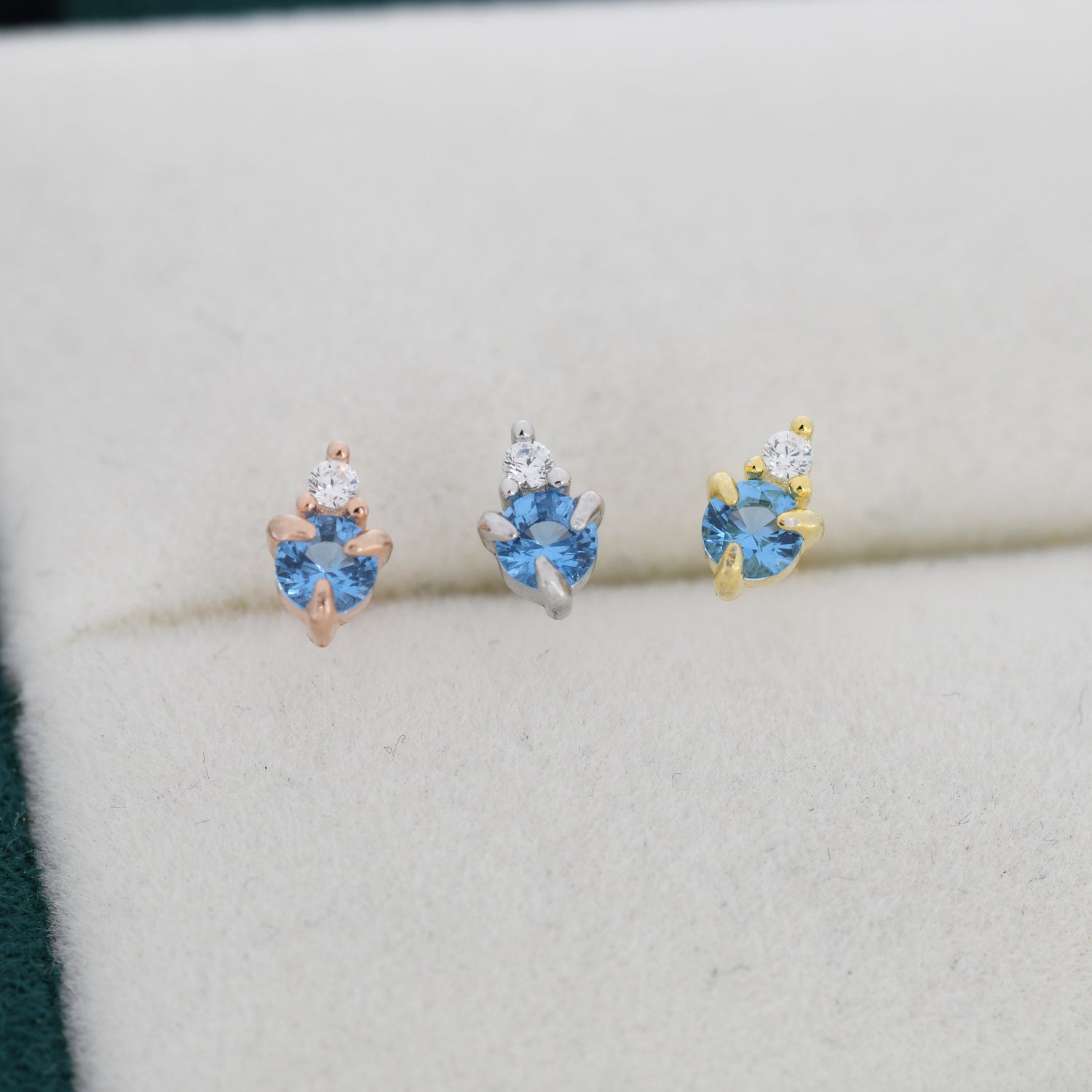 Sterling Silver Aquamarine Blue Stud Earrings, 3mm March Birthstone CZ Earrings, Silver, Gold or Rose Gold, Stacking Earrings