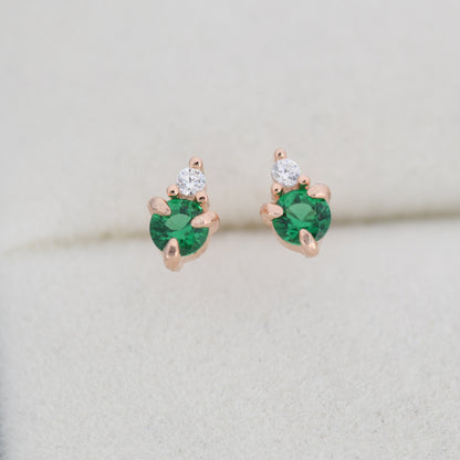 Sterling Silver Emerald Green CZ Stud Earrings, 3mm May Birthstone CZ Earrings, Silver, Gold or Rose Gold, Stacking Earrings