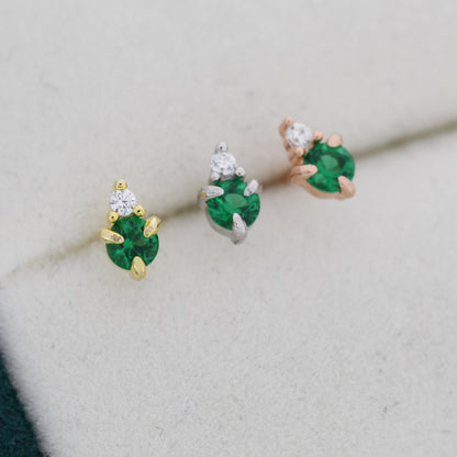 Sterling Silver Emerald Green CZ Stud Earrings, 3mm May Birthstone CZ Earrings, Silver, Gold or Rose Gold, Stacking Earrings