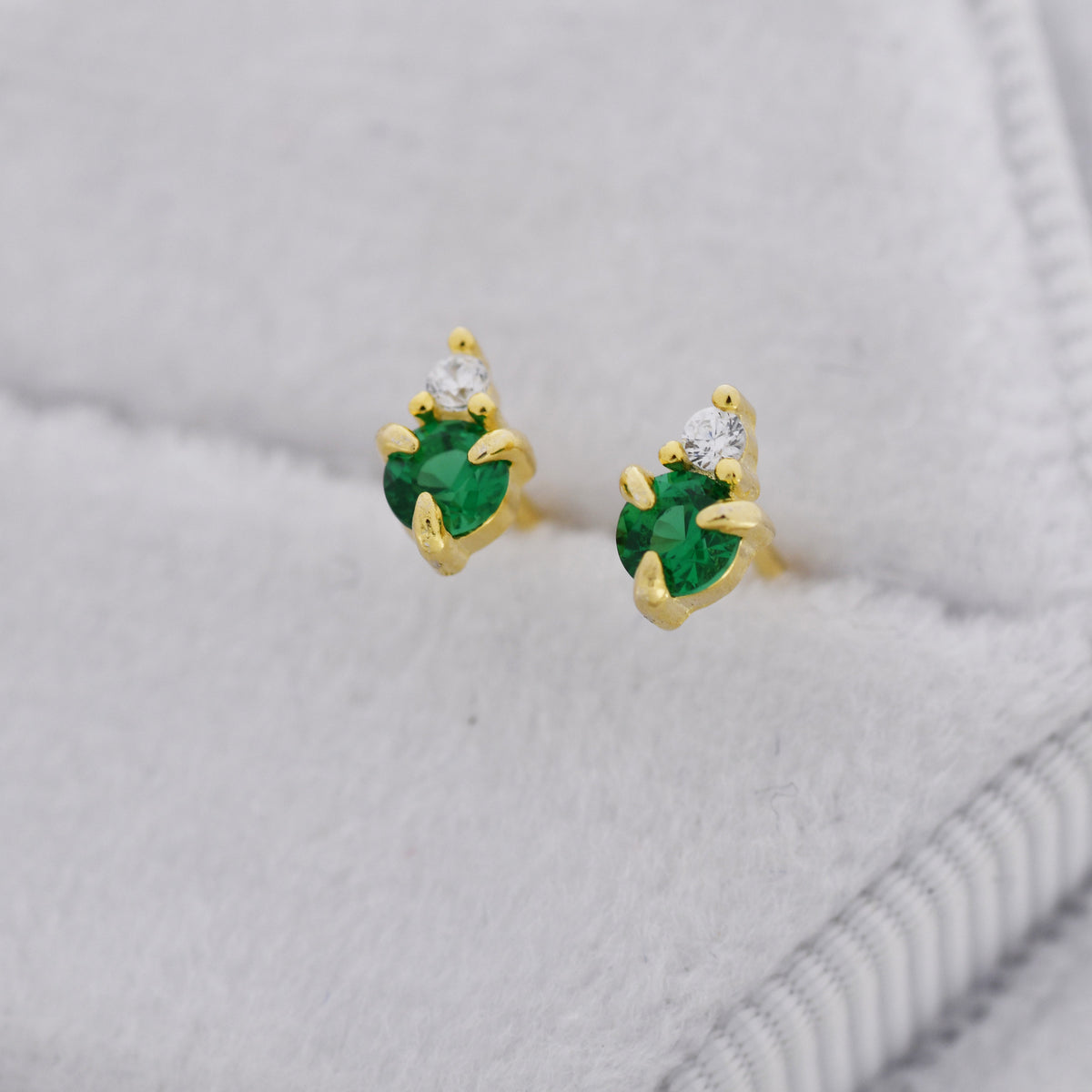 Sterling Silver Emerald Green CZ Stud Earrings, 3mm May Birthstone CZ Earrings, Silver, Gold or Rose Gold, Stacking Earrings