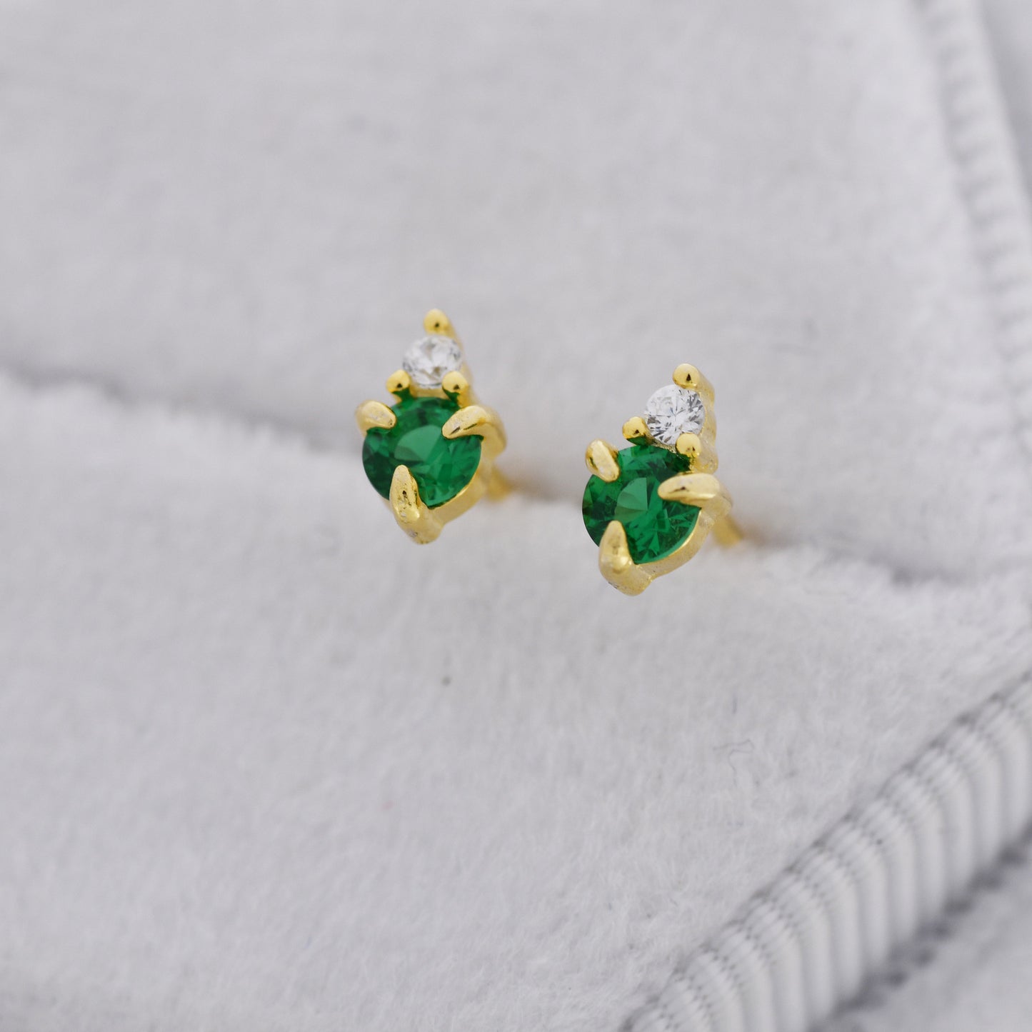 Sterling Silver Emerald Green CZ Stud Earrings, 3mm May Birthstone CZ Earrings, Silver, Gold or Rose Gold, Stacking Earrings