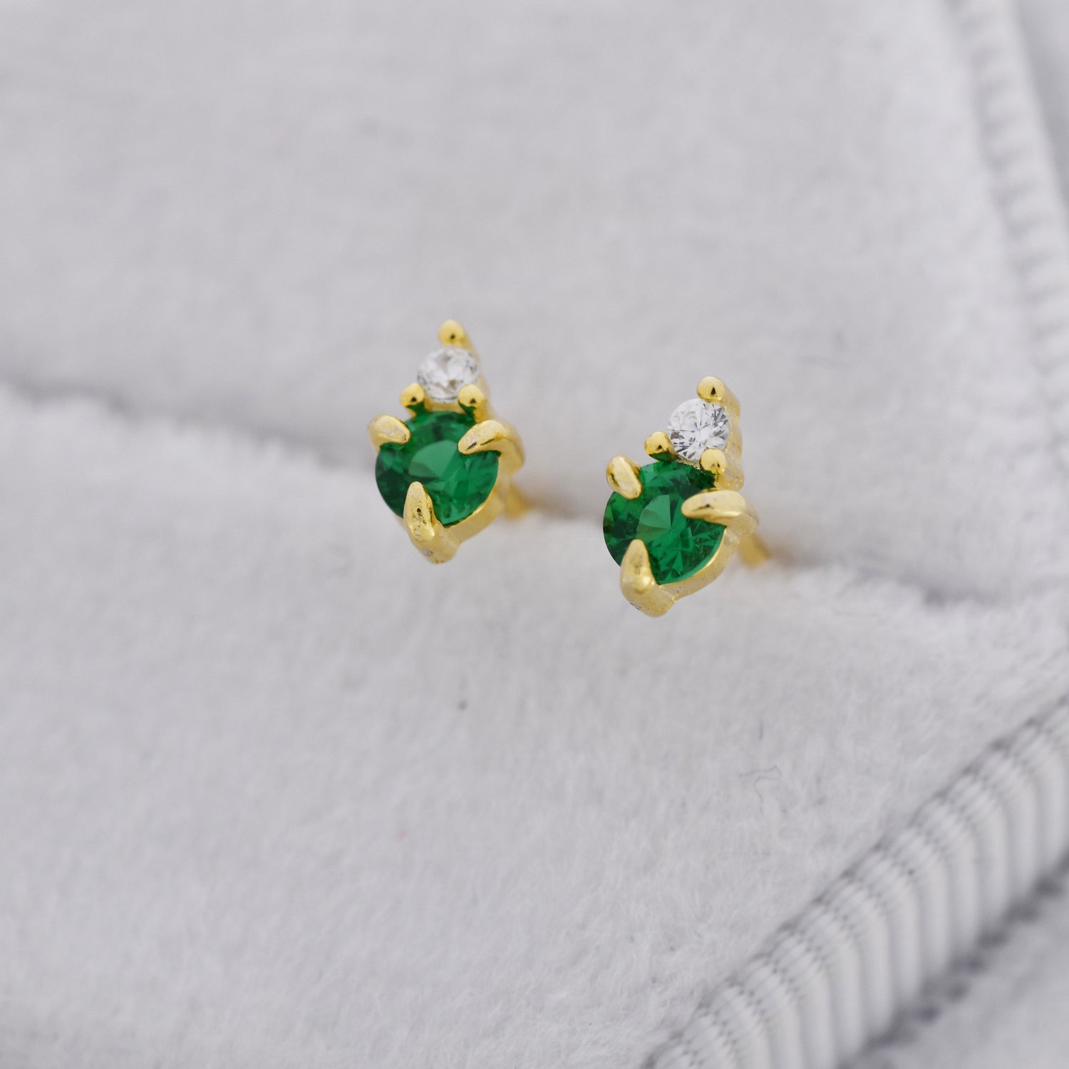 Sterling Silver Emerald Green CZ Stud Earrings, 3mm May Birthstone CZ Earrings, Silver, Gold or Rose Gold, Stacking Earrings