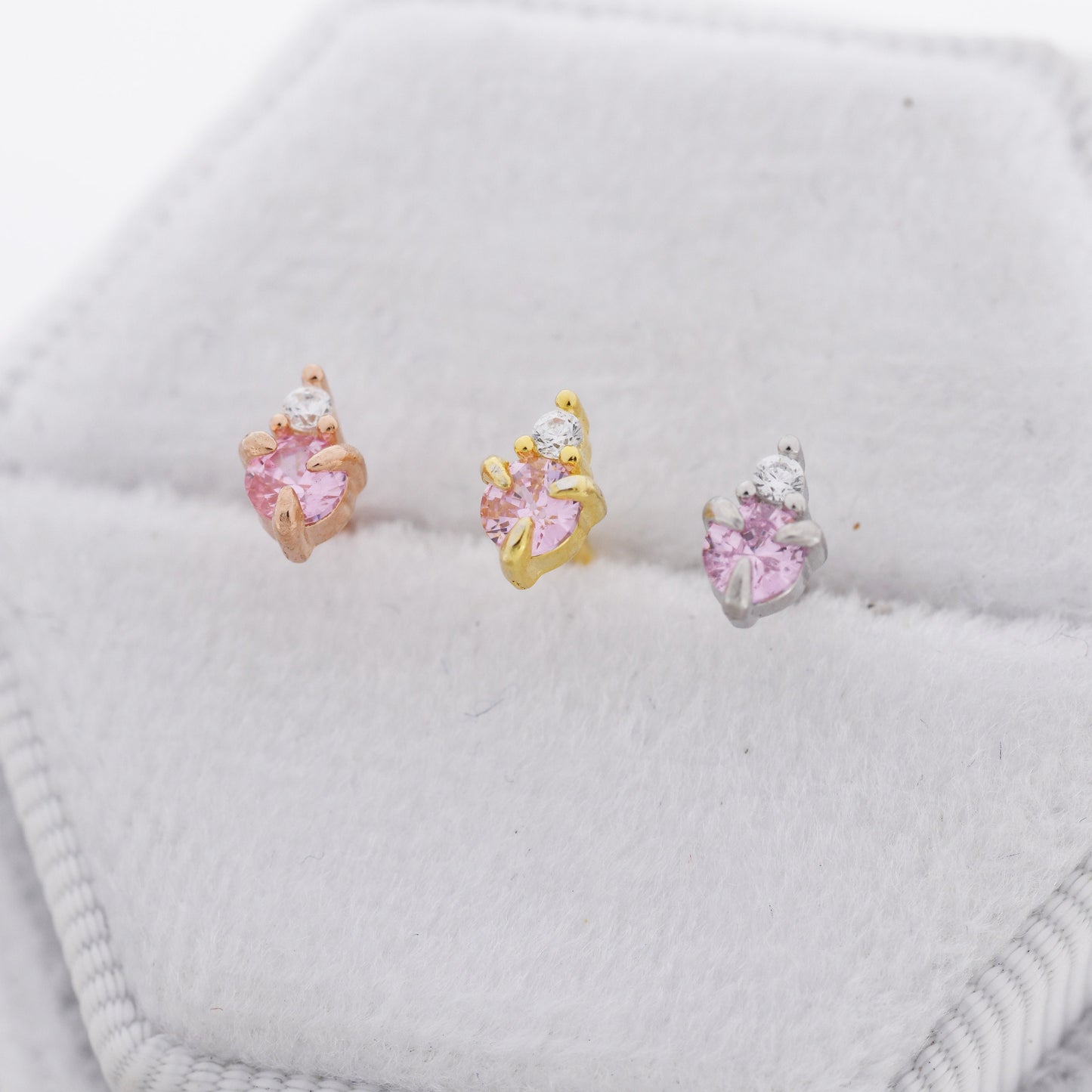 Sterling Silver Tourmaline Pink CZ Stud Earrings,  3mm October Birthstone CZ Earrings, Silver, Gold or Rose Gold, Stacking Earrings