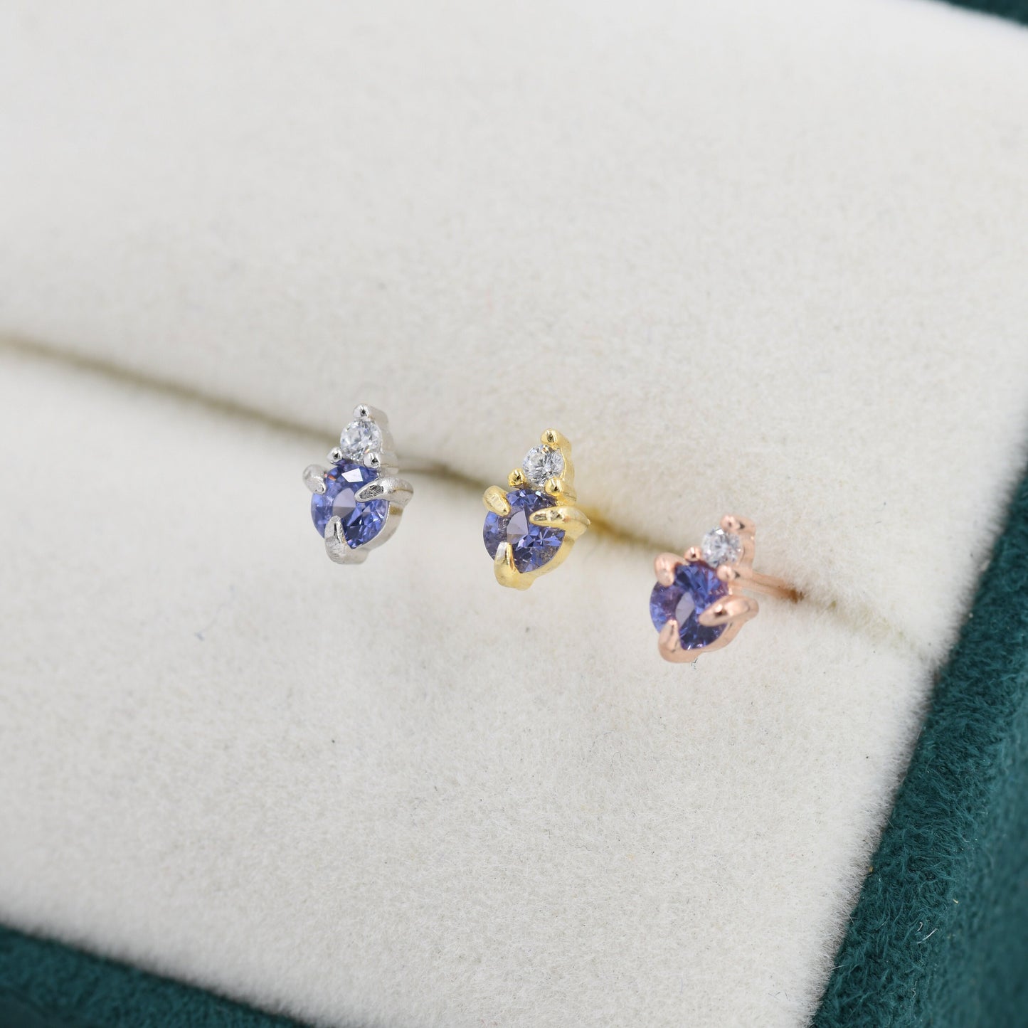 Sterling Silver Tanzanite Blue CZ Stud Earrings,  3mm December Birthstone CZ Earrings, Silver, Gold or Rose Gold, Stacking Earrings