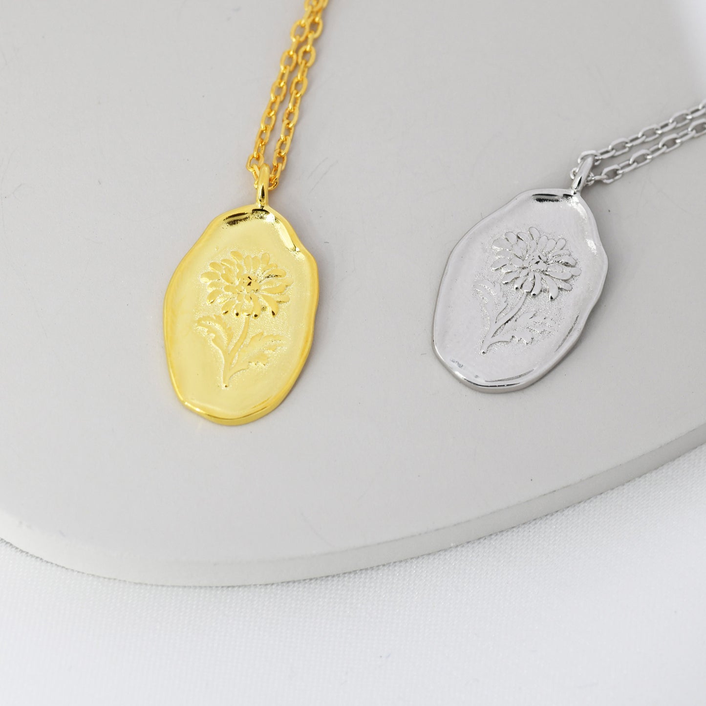 Chrysanthemum Flower Oval Pendant Necklace in Sterling Silver, Silver or Gold, November Birth Flower,  Nature Inspired Flower Necklace