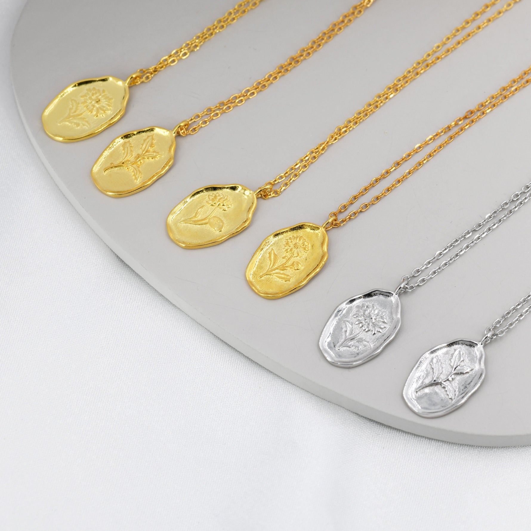 Rose Flower Oval Pendant Necklace in Sterling Silver, Silver or Gold, June Birth Flower, Nature Inspired Flower Disk Necklace