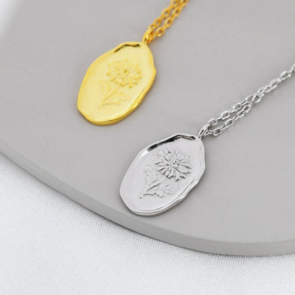 Chrysanthemum Flower Oval Pendant Necklace in Sterling Silver, Silver or Gold, November Birth Flower,  Nature Inspired Flower Necklace