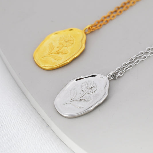 Aster Flower Oval Pendant Necklace in Sterling Silver, Silver or Gold, September Birth Flower,  Nature Inspired Daisy Flower Necklace